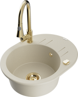 Mexen Kevin zlewozmywak granitowy 1-komorowy z ociekaczem i baterią kuchenną Elia, beżowy - 6517-69-670101-50