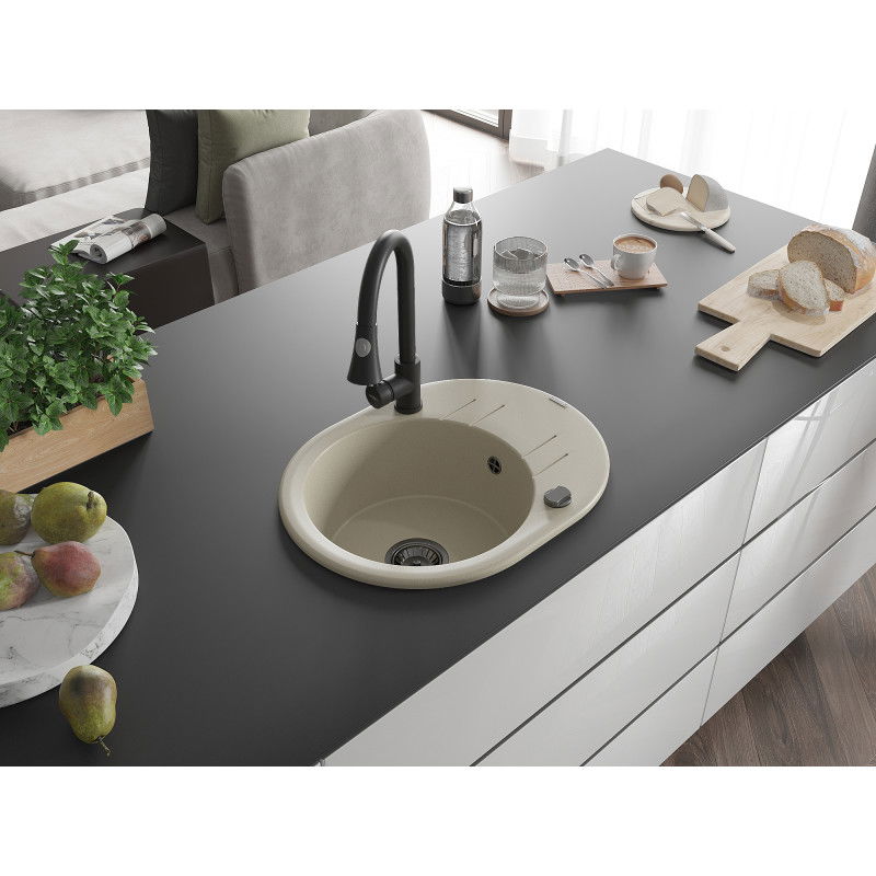 Mexen Kevin zlewozmywak granitowy 1-komorowy z ociekaczem i baterią kuchenną Elia, beżowy - 6517-69-670101-70