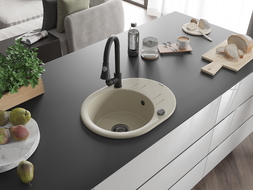 Mexen Kevin zlewozmywak granitowy 1-komorowy z ociekaczem i baterią kuchenną Elia, beżowy - 6517-69-670101-70