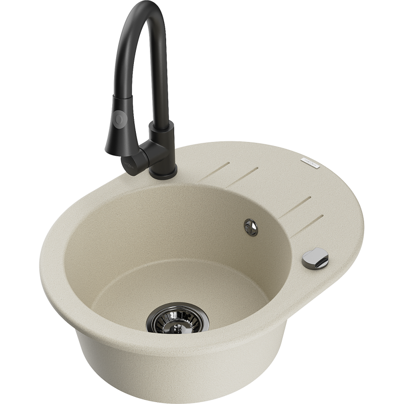 Mexen Kevin zlewozmywak granitowy 1-komorowy z ociekaczem i baterią kuchenną Elia, beżowy - 6517-69-670101-70