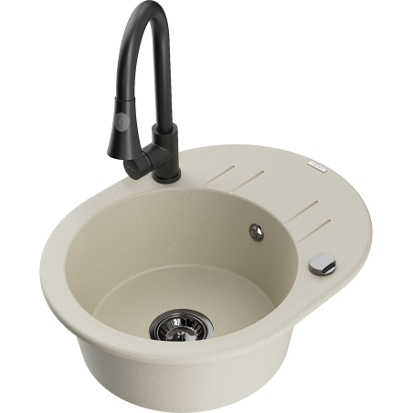 Mexen Kevin zlewozmywak granitowy 1-komorowy z ociekaczem i baterią kuchenną Elia, beżowy - 6517-69-670101-70