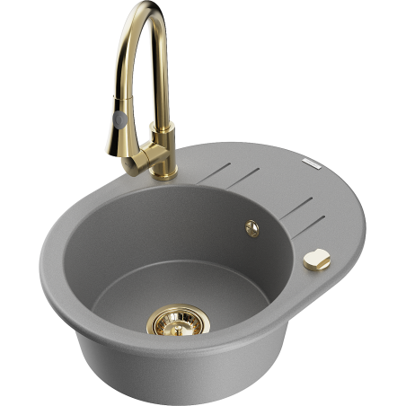 Mexen Kevin zlewozmywak granitowy 1-komorowy z ociekaczem i baterią kuchenną Elia, szary - 6517-71-670101-50