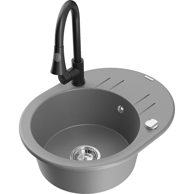Mexen Kevin zlewozmywak granitowy 1-komorowy z ociekaczem i baterią kuchenną Elia, szary - 6517-71-670101-70