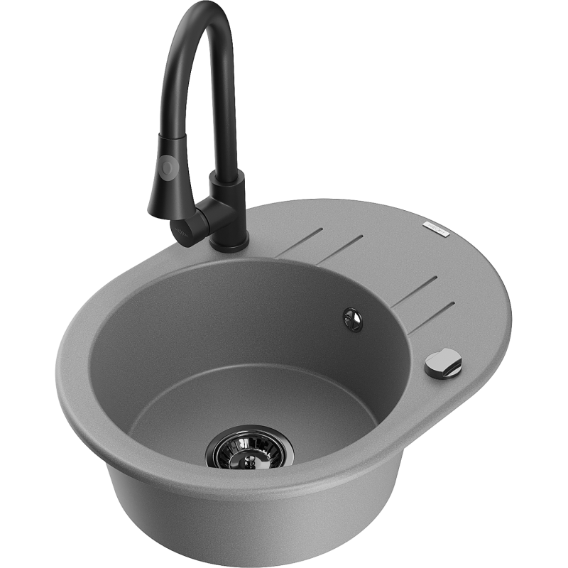Mexen Kevin zlewozmywak granitowy 1-komorowy z ociekaczem i baterią kuchenną Elia, szary - 6517-71-670101-70-B