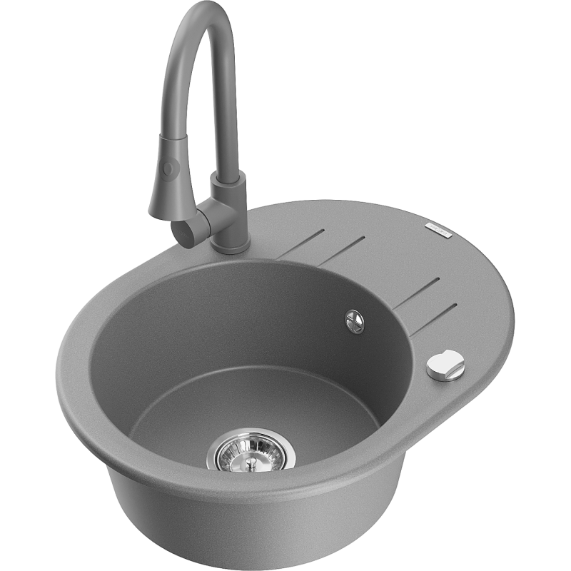 Mexen Kevin zlewozmywak granitowy 1-komorowy z ociekaczem i baterią kuchenną Elia, szary - 6517-71-670101-71