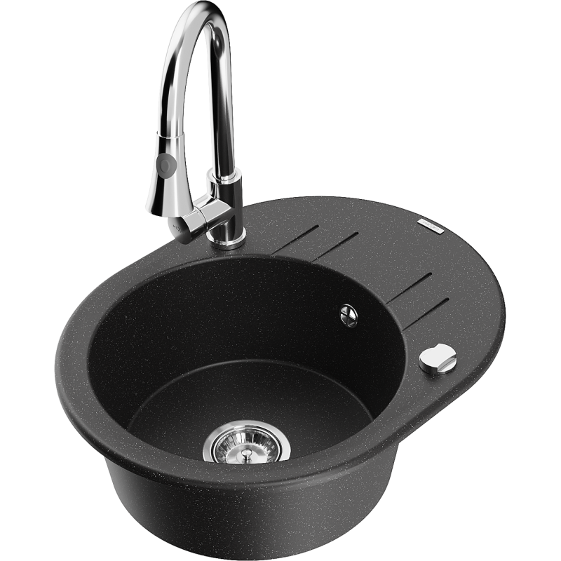 Mexen Kevin zlewozmywak granitowy 1-komorowy z ociekaczem i baterią kuchenną Elia, czarny/srebrny metalik - 6517-73-670101-00