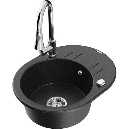 Mexen Kevin zlewozmywak granitowy 1-komorowy z ociekaczem i baterią kuchenną Elia, czarny/srebrny metalik - 6517-73-670101-00