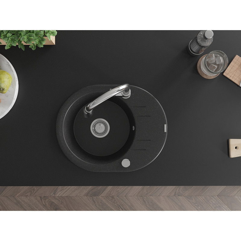Mexen Kevin zlewozmywak granitowy 1-komorowy z ociekaczem i baterią kuchenną Elia, czarny/srebrny metalik - 6517-73-670101-00