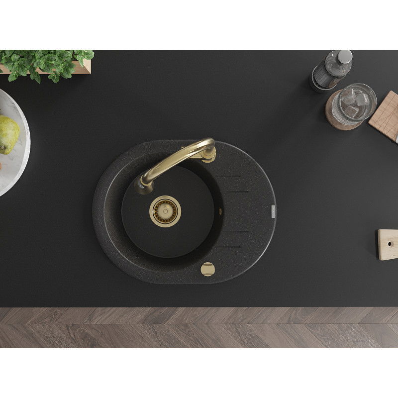 Mexen Kevin zlewozmywak granitowy 1-komorowy z ociekaczem i baterią kuchenną Elia, czarny/srebrny metalik - 6517-73-670101-50