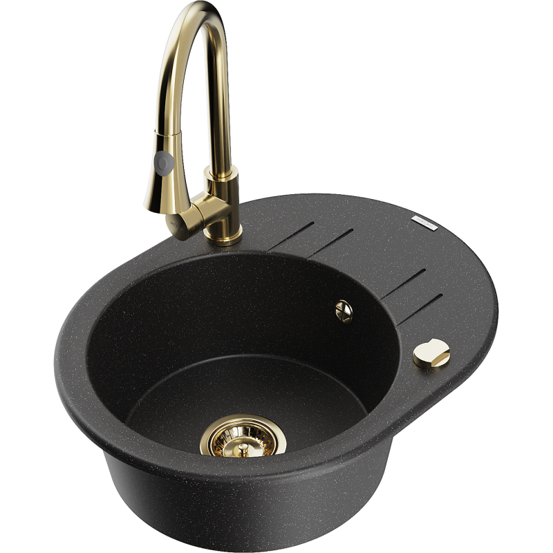 Mexen Kevin zlewozmywak granitowy 1-komorowy z ociekaczem i baterią kuchenną Elia, czarny/srebrny metalik - 6517-73-670101-50