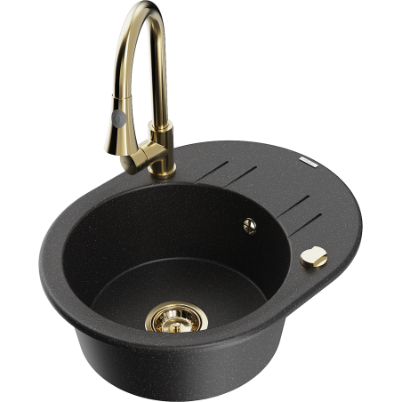 Mexen Kevin zlewozmywak granitowy 1-komorowy z ociekaczem i baterią kuchenną Elia, czarny/srebrny metalik - 6517-73-670101-50