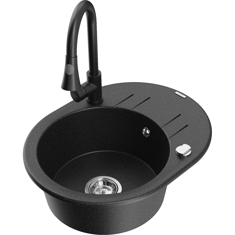 Mexen Kevin zlewozmywak granitowy 1-komorowy z ociekaczem i baterią kuchenną Elia, czarny/srebrny metalik - 6517-73-670101-70