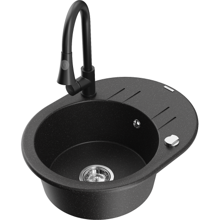 Mexen Kevin zlewozmywak granitowy 1-komorowy z ociekaczem i baterią kuchenną Elia, czarny/srebrny metalik - 6517-73-670101-70