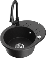 Mexen Kevin zlewozmywak granitowy 1-komorowy z ociekaczem i baterią kuchenną Elia, czarny/srebrny metalik - 6517-73-670101-70