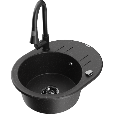 Mexen Kevin zlewozmywak granitowy 1-komorowy z ociekaczem i baterią kuchenną Elia, czarny/srebrny metalik - 6517-73-670101-70-B