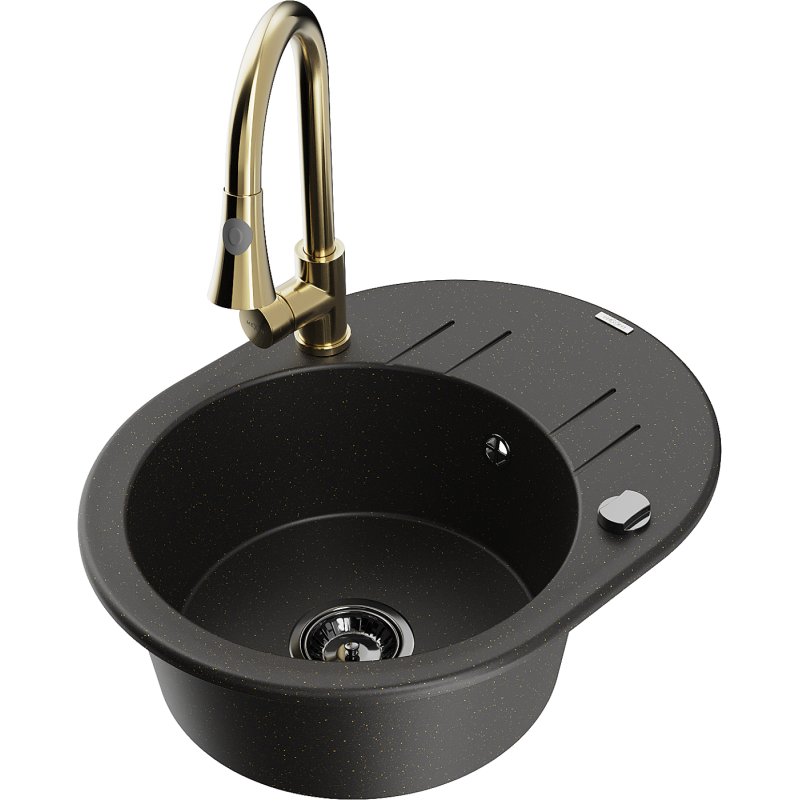 Mexen Kevin zlewozmywak granitowy 1-komorowy z ociekaczem i baterią kuchenną Elia, czarny/złoty metalik - 6517-75-670101-50-B