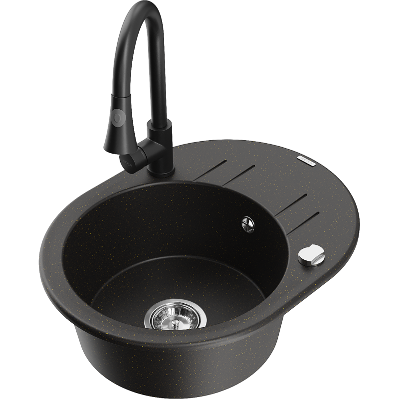 Mexen Kevin zlewozmywak granitowy 1-komorowy z ociekaczem i baterią kuchenną Elia, czarny/złoty metalik - 6517-75-670101-70