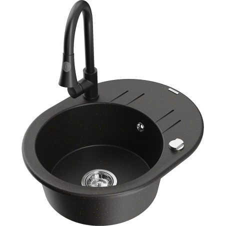 Mexen Kevin zlewozmywak granitowy 1-komorowy z ociekaczem i baterią kuchenną Elia, czarny/złoty metalik - 6517-75-670101-70