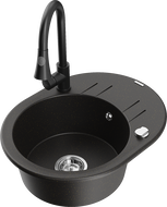 Mexen Kevin zlewozmywak granitowy 1-komorowy z ociekaczem i baterią kuchenną Elia, czarny/złoty metalik - 6517-75-670101-70