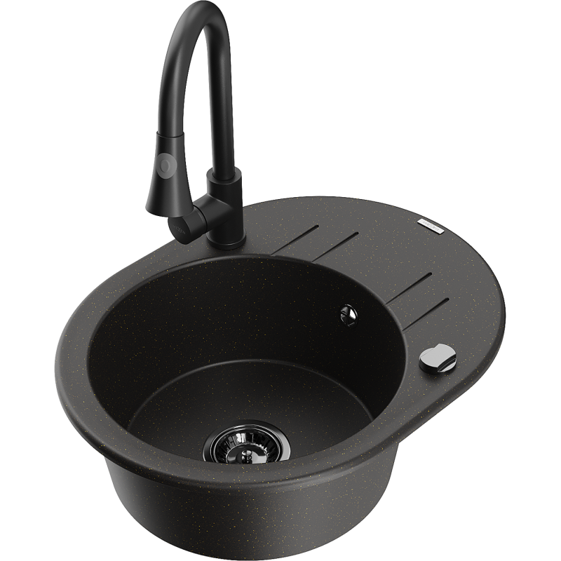 Mexen Kevin zlewozmywak granitowy 1-komorowy z ociekaczem i baterią kuchenną Elia, czarny/złoty metalik - 6517-75-670101-70-B