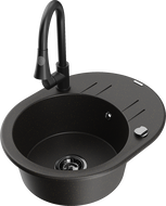 Mexen Kevin zlewozmywak granitowy 1-komorowy z ociekaczem i baterią kuchenną Elia, czarny/złoty metalik - 6517-75-670101-70-B