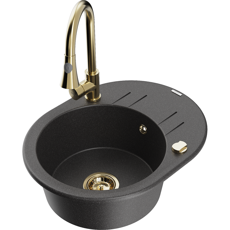 Mexen Kevin zlewozmywak granitowy 1-komorowy z ociekaczem i baterią kuchenną Elia, czarny nakrapiany - 6517-76-670101-50