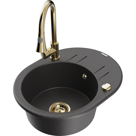 Mexen Kevin zlewozmywak granitowy 1-komorowy z ociekaczem i baterią kuchenną Elia, czarny nakrapiany - 6517-76-670101-50