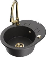 Mexen Kevin zlewozmywak granitowy 1-komorowy z ociekaczem i baterią kuchenną Elia, czarny nakrapiany - 6517-76-670101-50