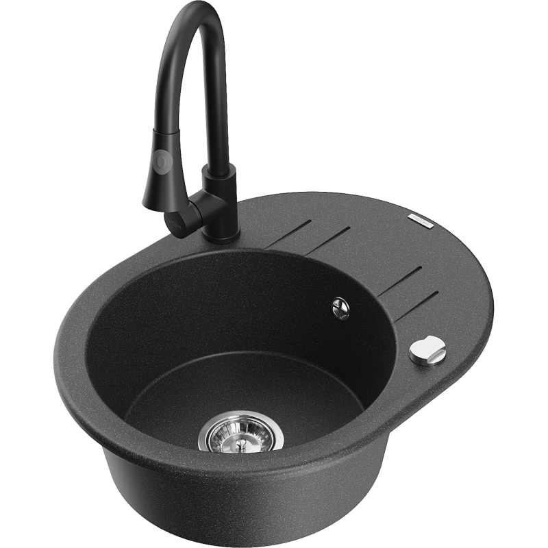 Mexen Kevin zlewozmywak granitowy 1-komorowy z ociekaczem i baterią kuchenną Elia, czarny nakrapiany - 6517-76-670101-70