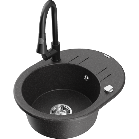 Mexen Kevin zlewozmywak granitowy 1-komorowy z ociekaczem i baterią kuchenną Elia, czarny nakrapiany - 6517-76-670101-70