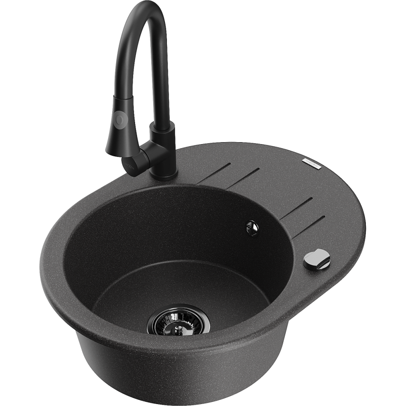 Mexen Kevin zlewozmywak granitowy 1-komorowy z ociekaczem i baterią kuchenną Elia, czarny nakrapiany - 6517-76-670101-70-B