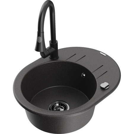 Mexen Kevin zlewozmywak granitowy 1-komorowy z ociekaczem i baterią kuchenną Elia, czarny nakrapiany - 6517-76-670101-70-B