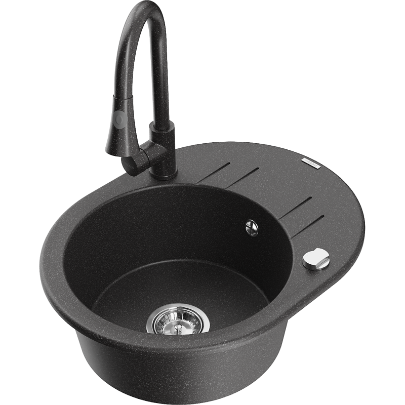 Mexen Kevin zlewozmywak granitowy 1-komorowy z ociekaczem i baterią kuchenną Elia, czarny nakrapiany - 6517-76-670101-76