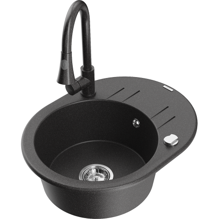 Mexen Kevin zlewozmywak granitowy 1-komorowy z ociekaczem i baterią kuchenną Elia, czarny nakrapiany - 6517-76-670101-76