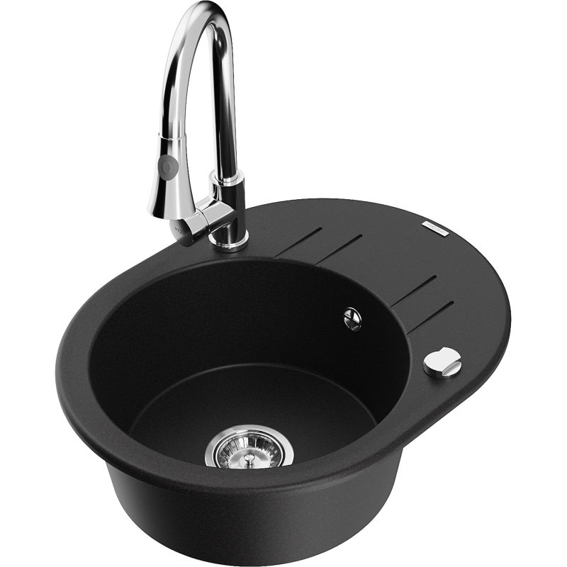 Mexen Kevin zlewozmywak granitowy 1-komorowy z ociekaczem i baterią kuchenną Elia, czarny - 6517-77-670101-00