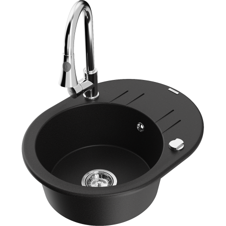 Mexen Kevin zlewozmywak granitowy 1-komorowy z ociekaczem i baterią kuchenną Elia, czarny - 6517-77-670101-00