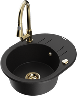 Mexen Kevin zlewozmywak granitowy 1-komorowy z ociekaczem i baterią kuchenną Elia, czarny - 6517-77-670101-50