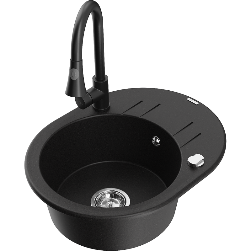 Mexen Kevin zlewozmywak granitowy 1-komorowy z ociekaczem i baterią kuchenną Elia, czarny - 6517-77-670101-70