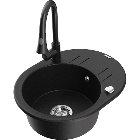 Mexen Kevin zlewozmywak granitowy 1-komorowy z ociekaczem i baterią kuchenną Elia, czarny - 6517-77-670101-70