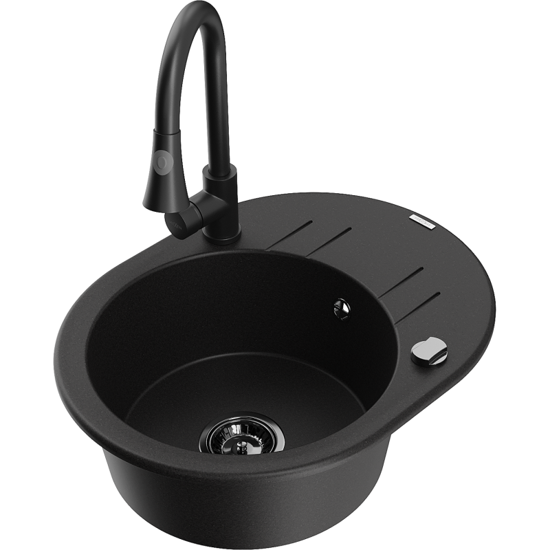 Mexen Kevin zlewozmywak granitowy 1-komorowy z ociekaczem i baterią kuchenną Elia, czarny - 6517-77-670101-70-B