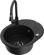 Mexen Kevin zlewozmywak granitowy 1-komorowy z ociekaczem i baterią kuchenną Elia, czarny - 6517-77-670101-70-B