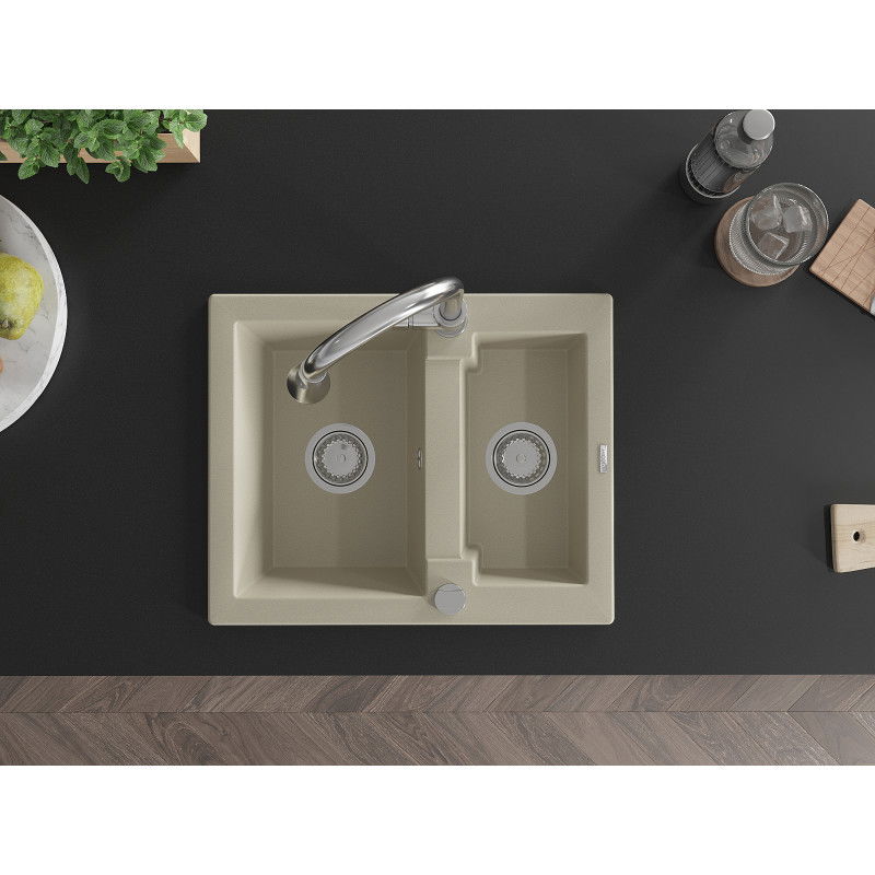 Mexen Carlos zlewozmywak granitowy 1,5-komorowy z baterią kuchenną Elia, beżowy - 6518-69-670101-00