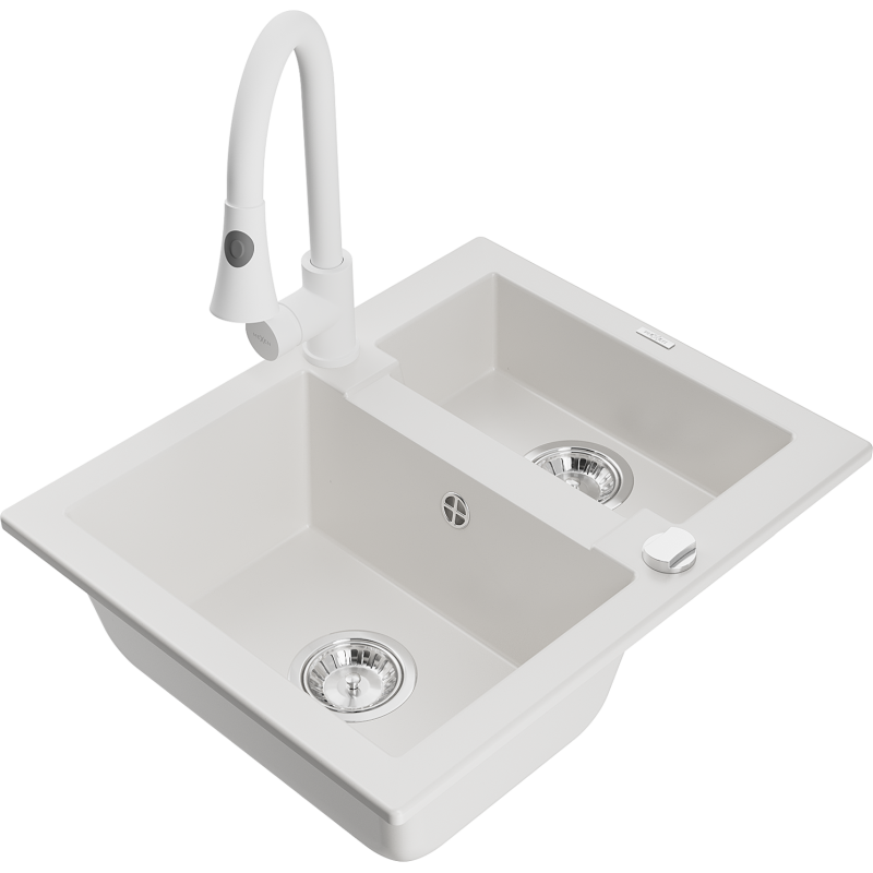 Mexen Carlos zlewozmywak granitowy 1,5-komorowy z baterią kuchenną Elia, biały - 6518-20-670101-20