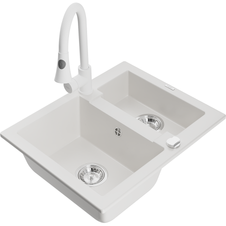 Mexen Carlos zlewozmywak granitowy 1,5-komorowy z baterią kuchenną Elia, biały - 6518-20-670101-20