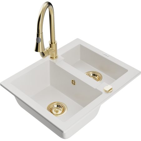 Mexen Carlos zlewozmywak granitowy 1,5-komorowy z baterią kuchenną Elia, biały - 6518-20-670101-50