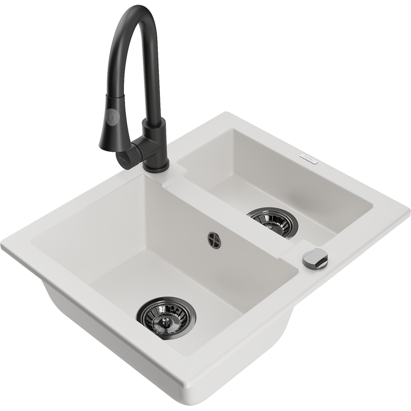 Mexen Carlos zlewozmywak granitowy 1,5-komorowy z baterią kuchenną Elia, biały - 6518-20-670101-70