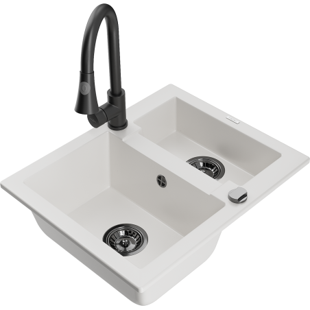 Mexen Carlos zlewozmywak granitowy 1,5-komorowy z baterią kuchenną Elia, biały - 6518-20-670101-70