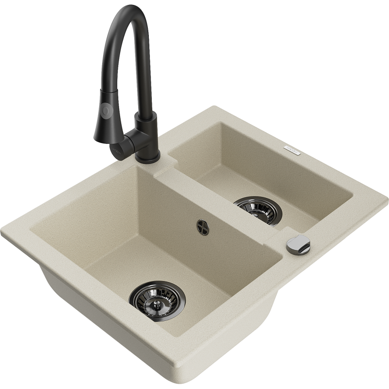 Mexen Carlos zlewozmywak granitowy 1,5-komorowy z baterią kuchenną Elia, beżowy - 6518-69-670101-70