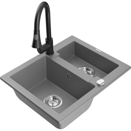 Mexen Carlos zlewozmywak granitowy 1,5-komorowy z baterią kuchenną Elia, szary - 6518-71-670101-70