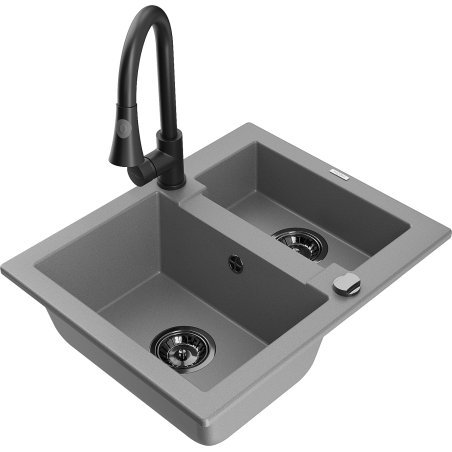 Mexen Carlos zlewozmywak granitowy 1,5-komorowy z baterią kuchenną Elia, szary - 6518-71-670101-70-B